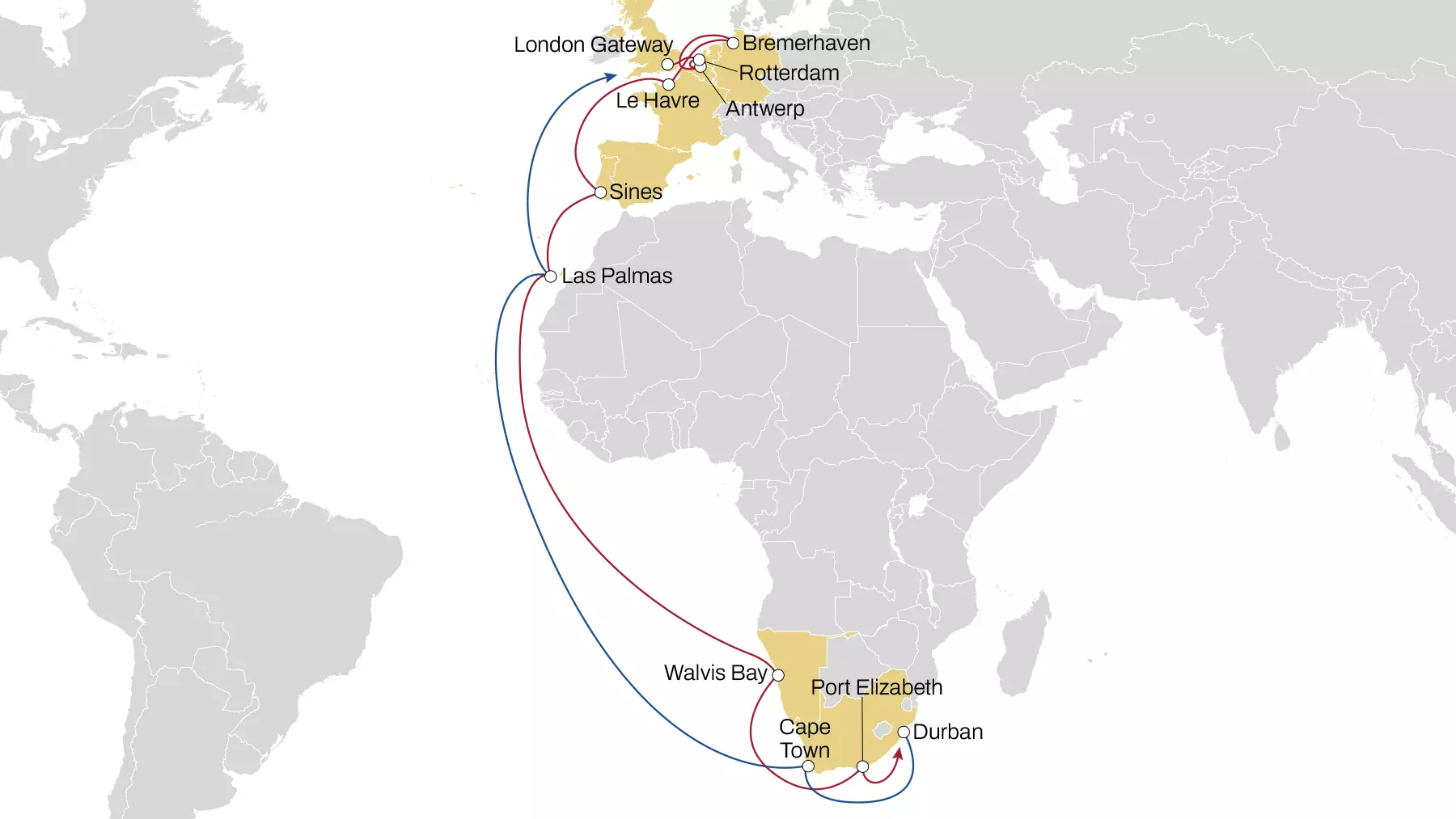 London Gateway – Rotterdam – Antwerp – Bremerhaven – Le Havre – Sines – Las Palmas – Walvis Bay – Gqeberha (Port Elizabeth) – Durban – Cape Town – Las Palmas – London Gateway